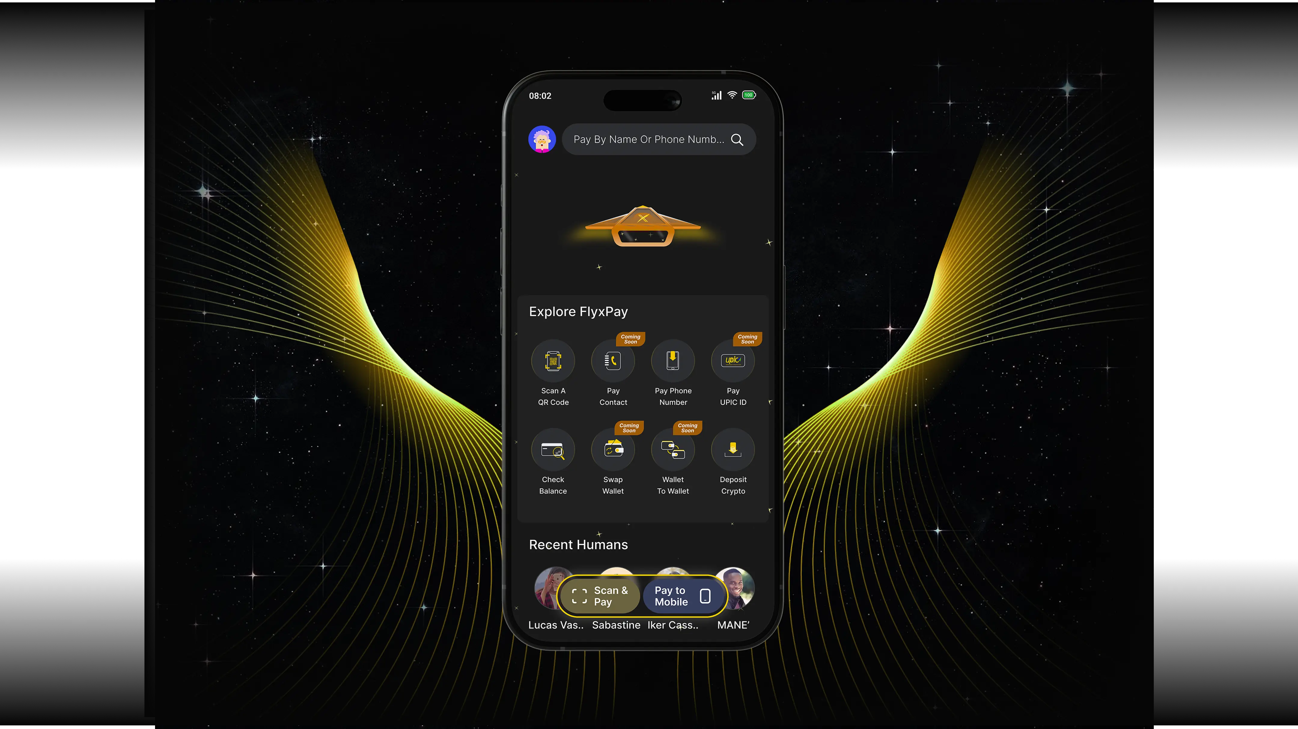 FlyX Pay mobile application interface showcasing secure cryptocurrency wallet and fast blockchain transaction features